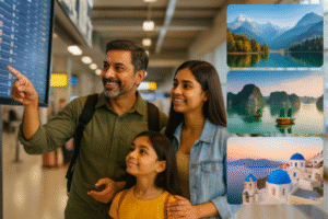 Indian travelers at an airport terminal preparing for a summer vacation, with luggage and international departure signs in the background.