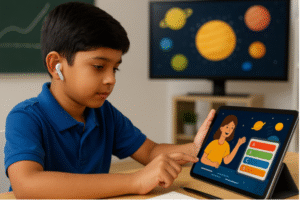 A student in India using a tablet to learn through an animated edutainment app in a digital classroom setup