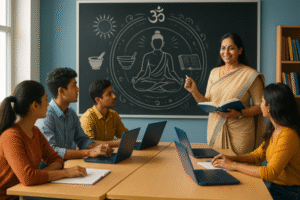 A modern Indian classroom with students engaging in traditional knowledge studies using digital devices, symbolizing the blend of heritage and technology.
