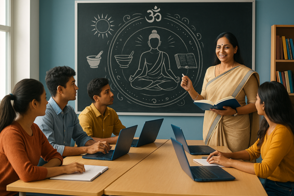 A modern Indian classroom with students engaging in traditional knowledge studies using digital devices, symbolizing the blend of heritage and technology.