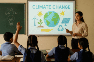 Indian schoolchildren participating in a climate awareness activity in a sunlit classroom, learning about sustainability and environmental issues.