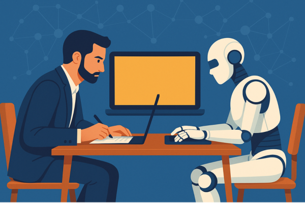 Illustration of a human and a robot facing off in a productivity challenge, seated at desks with a laptop between them — symbolizing AI vs human work.