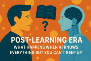 Illustration of a human and AI facing each other with a book and question mark between them, symbolizing the Post-Learning Era.