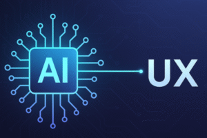 Illustration of AI-first UX showing a user interacting with a smart, adaptive interface guided by artificial intelligence and neural algorithms.