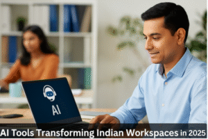 Indian office workers using AI tools on laptops in a modern, collaborative workspace reflecting the 2025 tech-driven work culture.