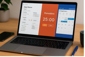 A modern digital workspace with a laptop displaying productivity apps like a Pomodoro timer, Notion dashboard, and calendar, symbolizing time-saving tech habits.