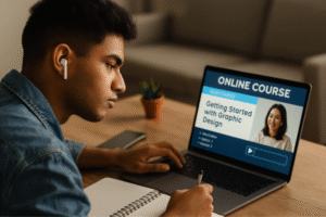 A Gen Z student in India using a laptop for online learning, surrounded by study materials in a modern home environment.